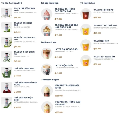 menu trà sữa CHAGEE Việt Nam